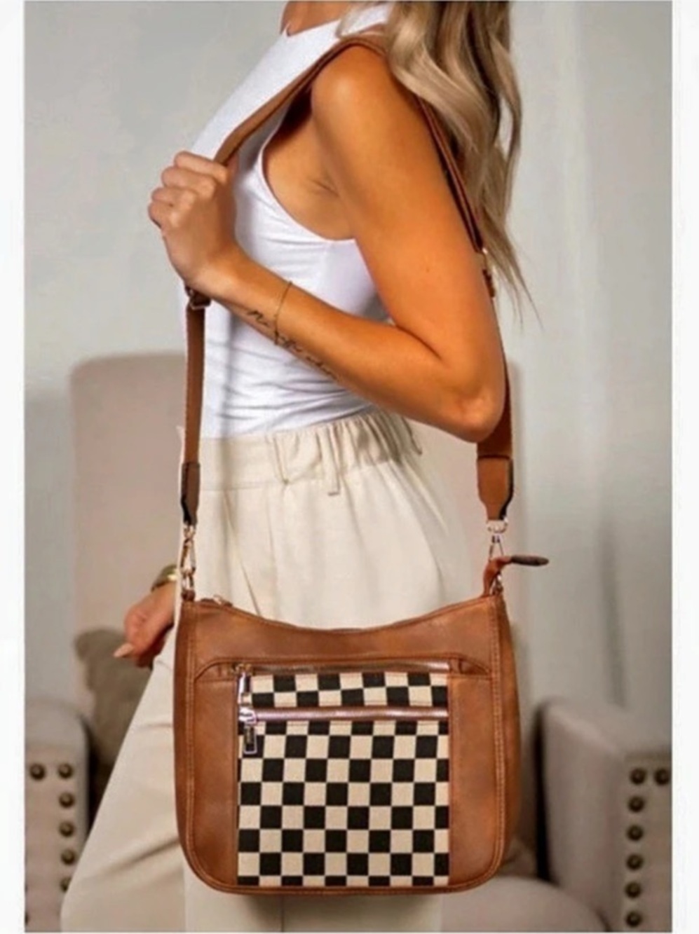 Chestnut Checkered Vegan Leather Bag